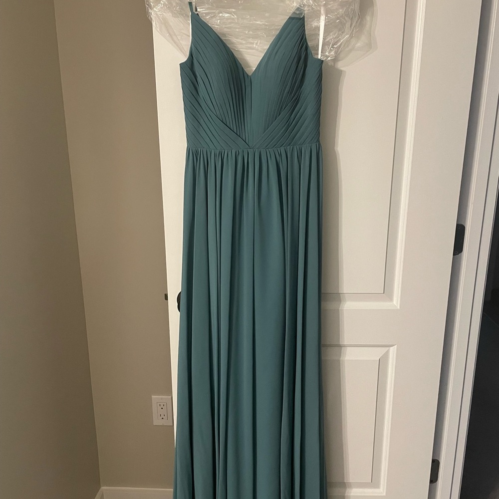 Brand new never worn Revelry Penelope chiffon dress in size 6, desert blue color